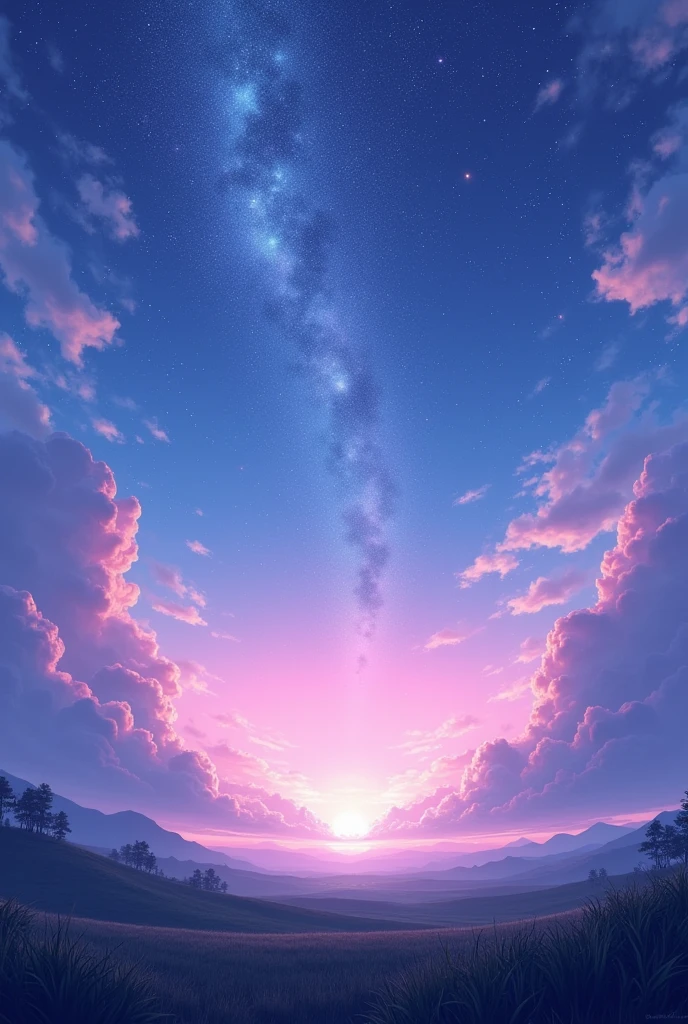 Pink, blue, and purple sky, starry sky, beautiful night scenery 