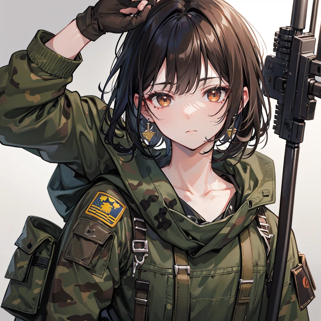Solo, 1male, High Resolution, Looking at viewer, High Resolution, Anatomically Correct, Accurate, Black Hair, Earrings, Closed Mouth, Brown Eyes, Cowboy Shot, Mole Under Mouth, Military, soldier, camo