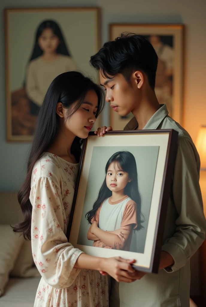 A very detailed image of a beautiful long-haired Korean woman and a young long-haired Indonesian man, both holding one super-large sized photo figure in the family room there is another figure on the wall, ultra-realistic 32k. Soft diffused lighting, cool and natural color palette, great detail.