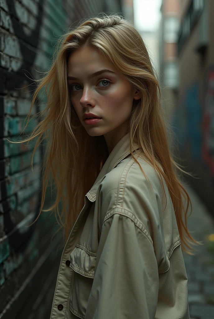 cg 8k ultra réaliste, chef-d&#39;œuvre, ((fond ultra détaillé, Motif délicat, détail complexe)), Meilleure qualité, détail complexes, aberration chromatique, 1fille, cheveux longs, Cheveux dorés, Les cheveux en désordre, reflets rouges, cheveux sur un œil, Des yeux perçants, foulard, mur de briques, Graffiti, lumière tamisée, ruelle, chemise surdimensionnée,hors épaule, voir à travers une chemise blanche, chef-d&#39;œuvre, Meilleure qualité