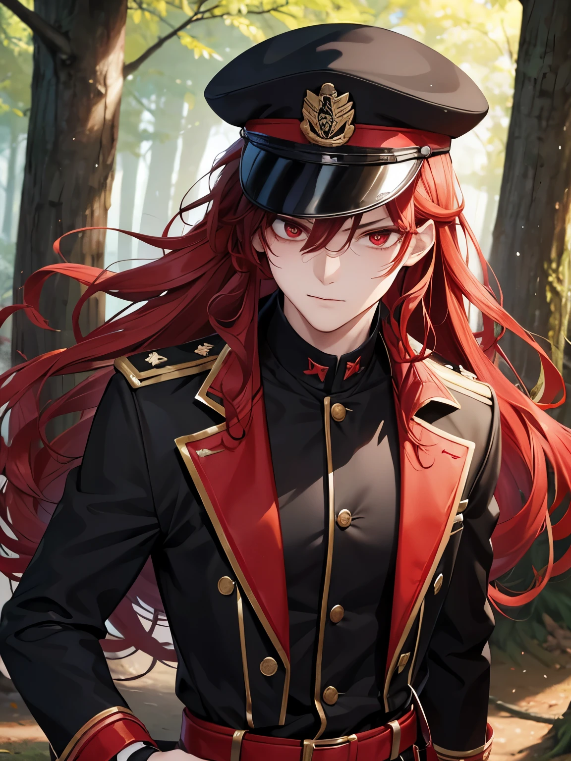 1boy,18 years old,cool,walking in forest,middle parted hairstyle,Curly hair, red hair, red eyes, long hair, vampire, handsome,,close up photo, walking,Black army uniform, black army hat