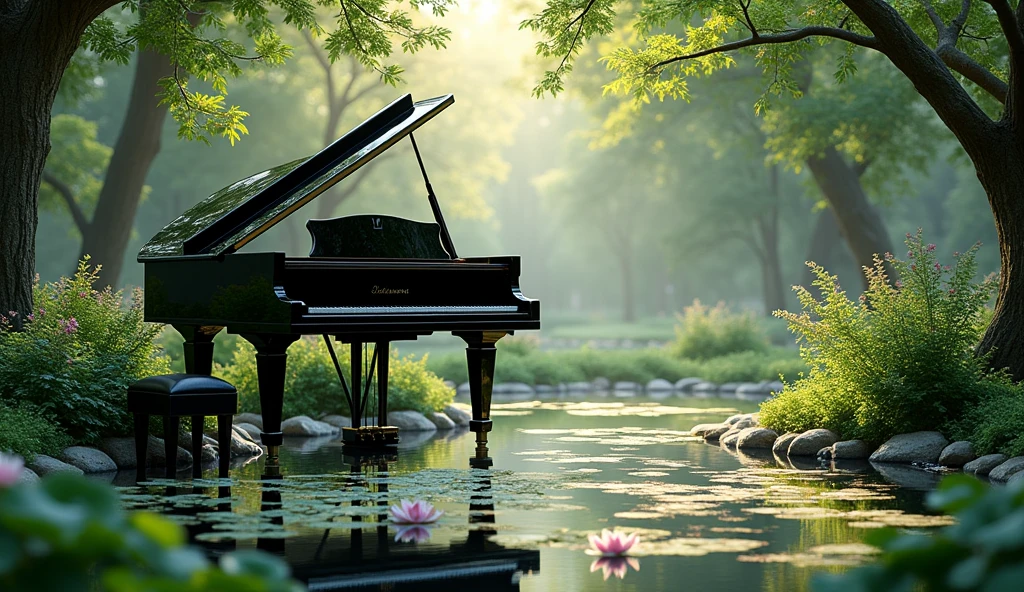 Black grand piano、The statue is placed in front of a pond with blooming water lilies.。Everything is depicted realistically、There is a quiet atmosphere。The piano is surrounded by lush trees and bushes.、It depicts a corner of a beautiful garden with sunlight streaming in.。