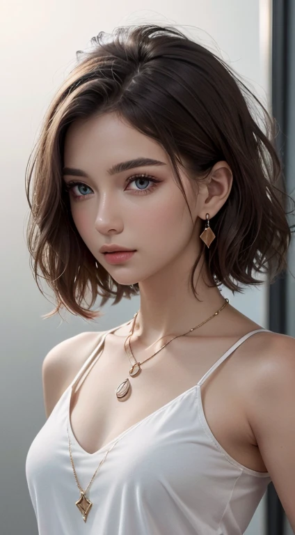 Photo shot Medium-long shot,(Representative work:1.4)、(8k、realist、raw photo、Maximum image quality:1.4)、wearing sexy_attire, kkw-ph1,(22 year old young man)、beautiful face、(rostro realist),(Dark brown hair、short hair:1.3)、beautiful hairstyle、shiny hair,Ojos realist 、light eyes, detailed and beautiful eyes、(Piel hermosa realist)、very detailed skin、Fashion Inlaid Necklace Set with Drop-shaped Ornaments for Women, Clear teardrop earrings with metal inlays, She wears a thin chain around her neck with a pendant similar to earrings.、charm、White shirt with lots of embroidery and no shoulders, sleeveless,muy High resolution、surreal、High resolution、golden ratio、Gray background