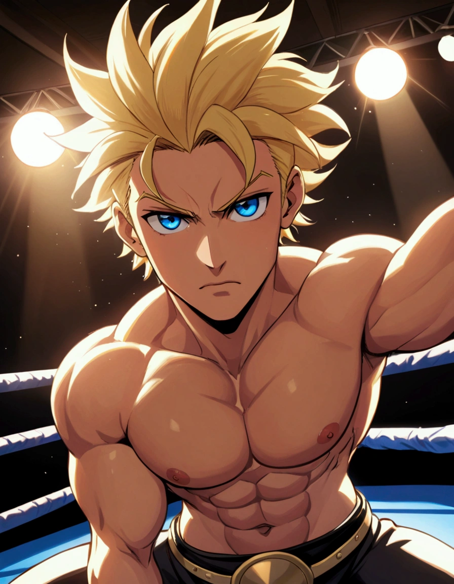 1guy, solid dude, gallant beau, blonde, tsurime, sanpaku, blue eyes, spiked hair, 24yo, heavy weight muscular, handsome westler, BREAK ideal ratio body proportions, stocky waist, sharp eyes, beautiful detailed eyes, toned body, elder chinpira, dark pupil, masculine playboy, BREAK solo, topless, black wrestling bikini, nipples, abs, fighting stance, on wrestling ring, detailed background, hollywood action, BREAK upperlegs focus, dramatic expression, 1990s, in capcom art style, in color comic style, official game illustration, depth of field, dutch angle, cinematic shadows, cinematic lighting, lens flare, light leaks, VHS Quality, texture, absurdres absolutely resolution, extreme all detailed, greatest painting, BREAK masterpiece, best quality