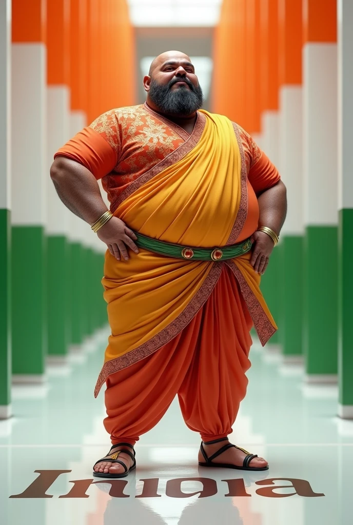 create a 3d realistic image of a fat man wearing clothes of Indian flag and he is posing and his Puneet name is clearly written in bold letters on the white glossy floor below, and the background view is blurred with the colors of Indian flag, make sure  the name should be visible and correct.  Create high quality images.