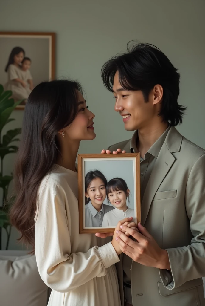 A very detailed image of a beautiful long-haired Korean woman and a young long-haired Indonesian man, both holding one super-large sized photo figure in the family room there is another figure on the wall, ultra-realistic 32k. Soft diffused lighting, cool and natural color palette, great detail.