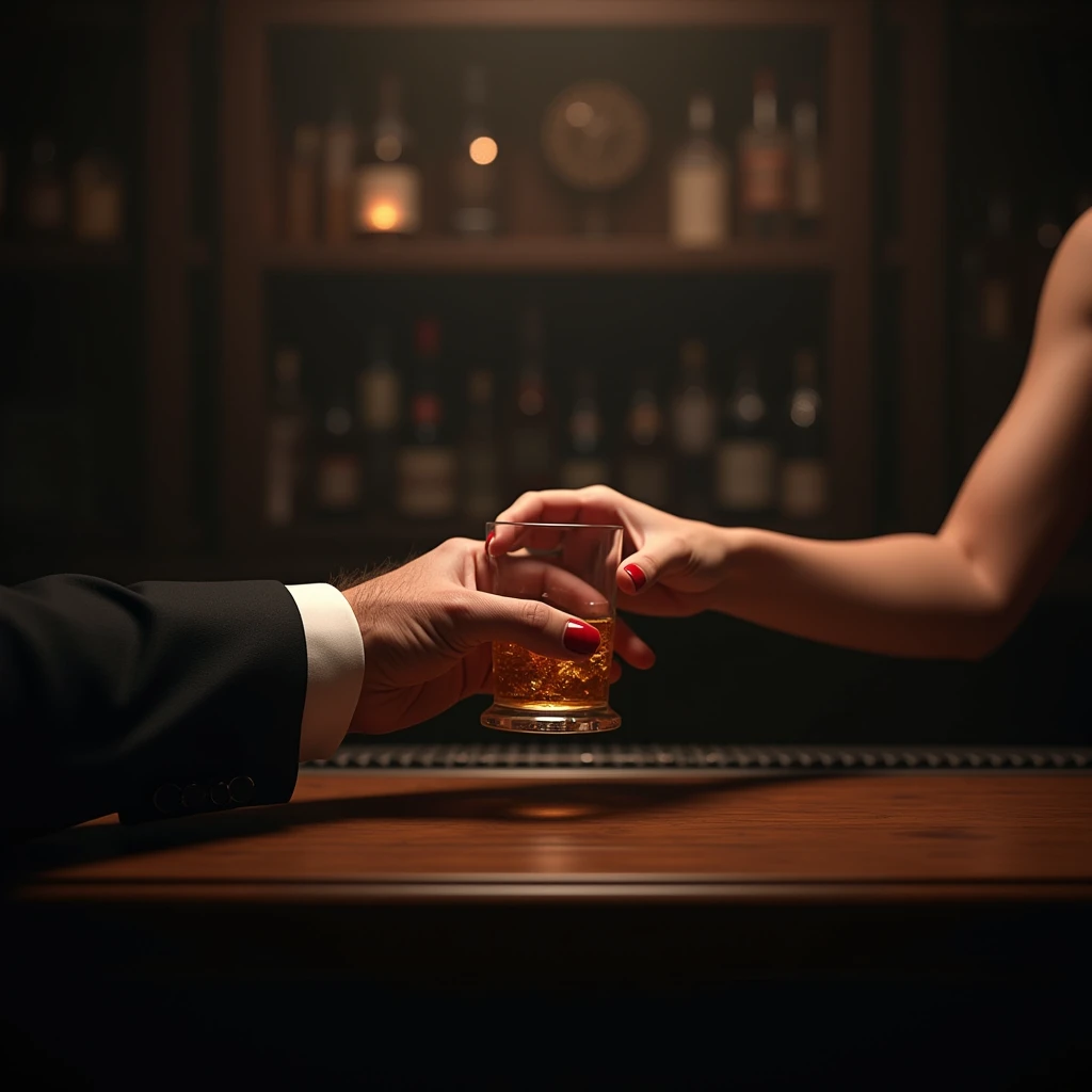 Bar counter, man's hand in a suit sitting, female bartender's hand handing over a rock glass, female bartender's bare arm