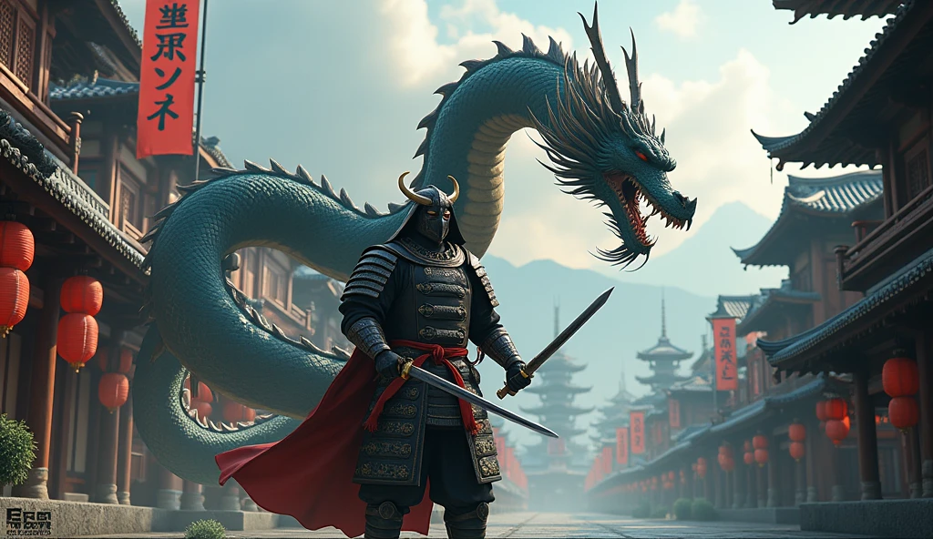 realisitic, 4K, samurai with a dragon, background an old Japanese city, very detailled