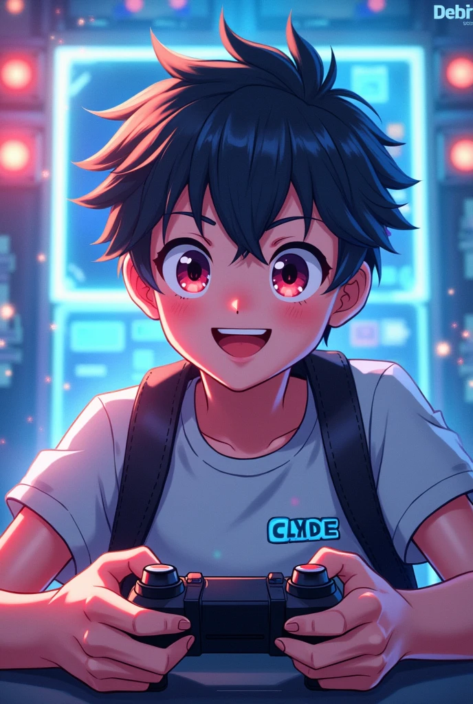 Anime boy game player with shirt name Clyde025