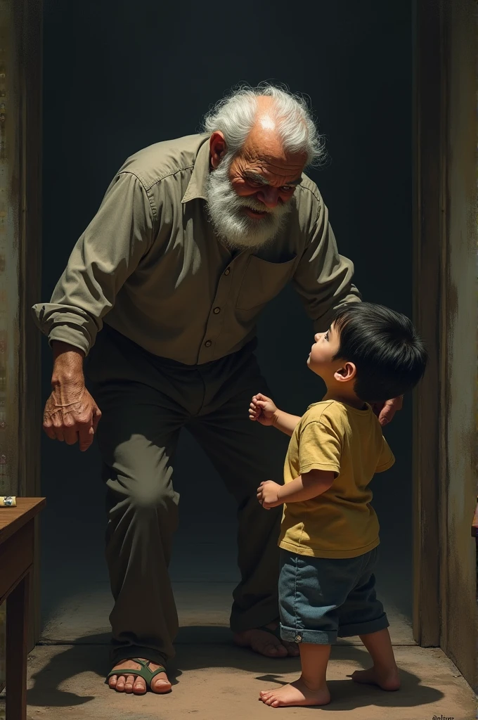 A grandfather hitting his grandson