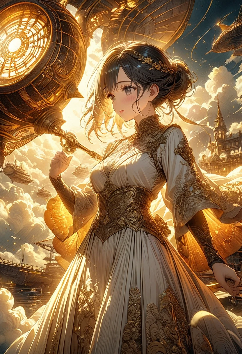 beautifully rendered ivory and gold airship gracefully floating amidst the clouds.. the airship has an ivory body with intricate details accented in gold..。. The craftsmanship is of the highest quality, exquisite carvings and intricate patterns. the clouds surrounding the airship are dreamlike, A fantastic atmosphere.. The sunlight filters through the clouds, casting a golden glow in the air. the scene is captured in digital illustration., combining the artistic touch of photorealism and concept art. The colors are vibrant and vivid, a warm color palette of gold and ivory. The lighting is soft、and、It's dramatic., highlighting the airship's elegance and grandeur. the overall image quality is excellent, Ultra-detailed elements and high-resolution rendering. Every detail, personal々from the clouds to the smallest golden embellishments, perfectly expressed. This prompt is、of an ivory and gold airship floating in the clouds、to create a visually stunning and awe-inspiring image、meticulously designed。.。.