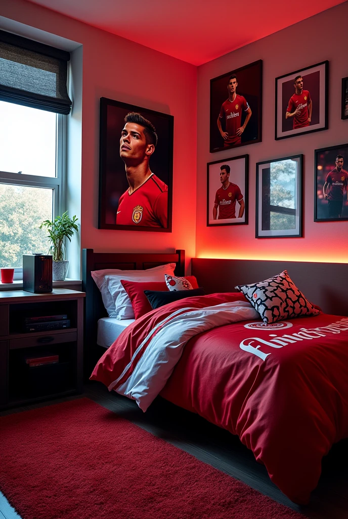 Bedroom with cristiano ronaldo dos santos averio posters on wall and bedsheet of ronaldo pics.room has gaming setup of ronaldo poster and theme. Gaming setup(pc)