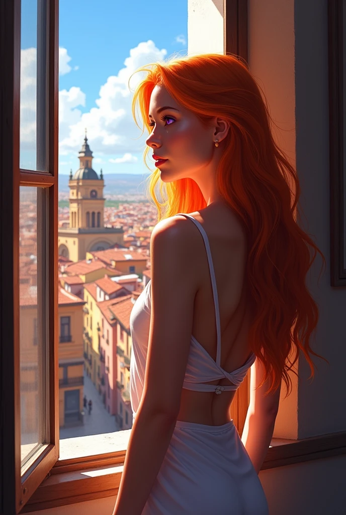 A young naked Spanish woman looking out a window from behind with long hair and a tank top, looking out the window at colorful Cordoba city buildings in what appears to be a lively urban setting. masterpiece, best quality, 1 girl, purple eyes, orange hair