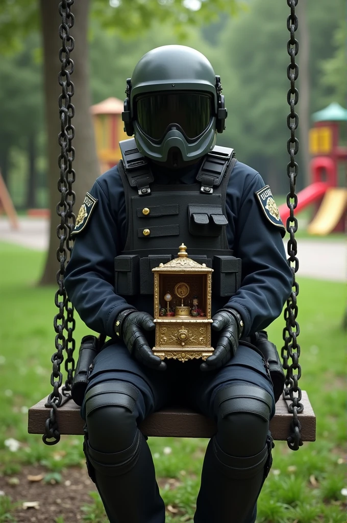Swat sitting on the swings and holds music box