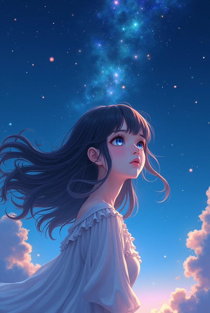 Anime girl, with starry night background 