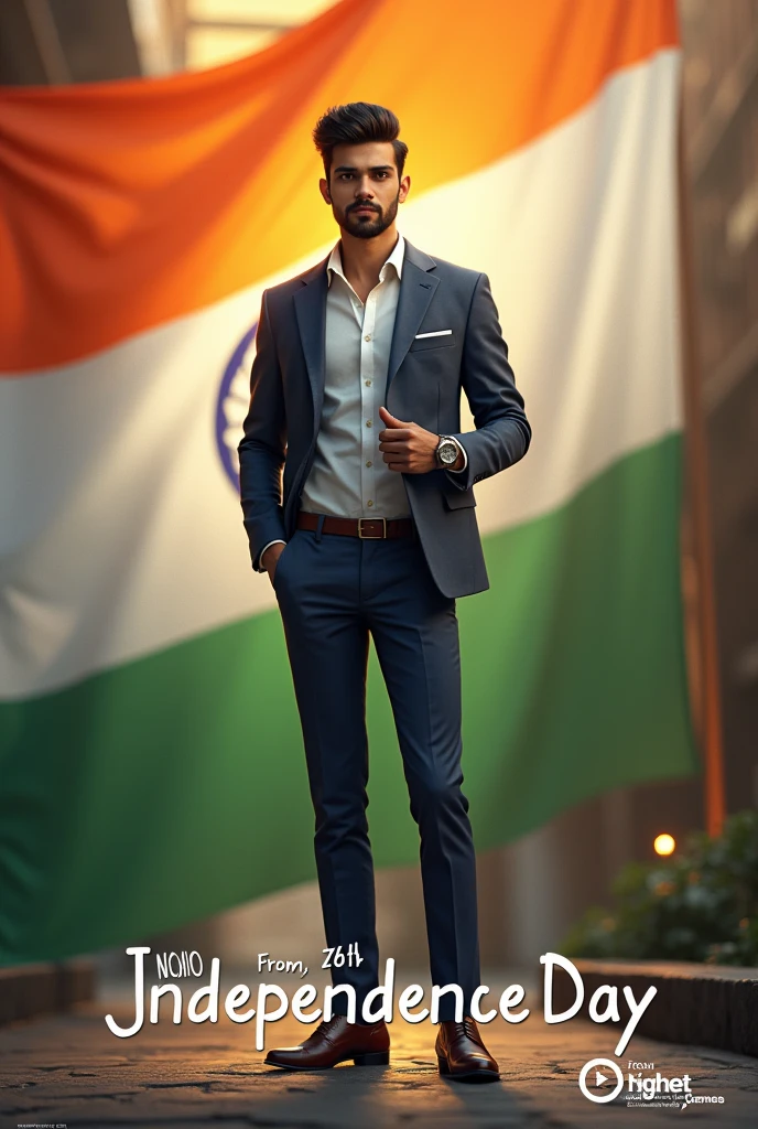 Create an image on Independence Day in which a 20 year old guy standing with the classy jacket and shoes pants with some accessories watches with hairstyle and in the lower area of the image right happy Independence Day from night Gamers and give us logo the back ground was based on India's 76 Independence Day the guy face is north indian touch and smart