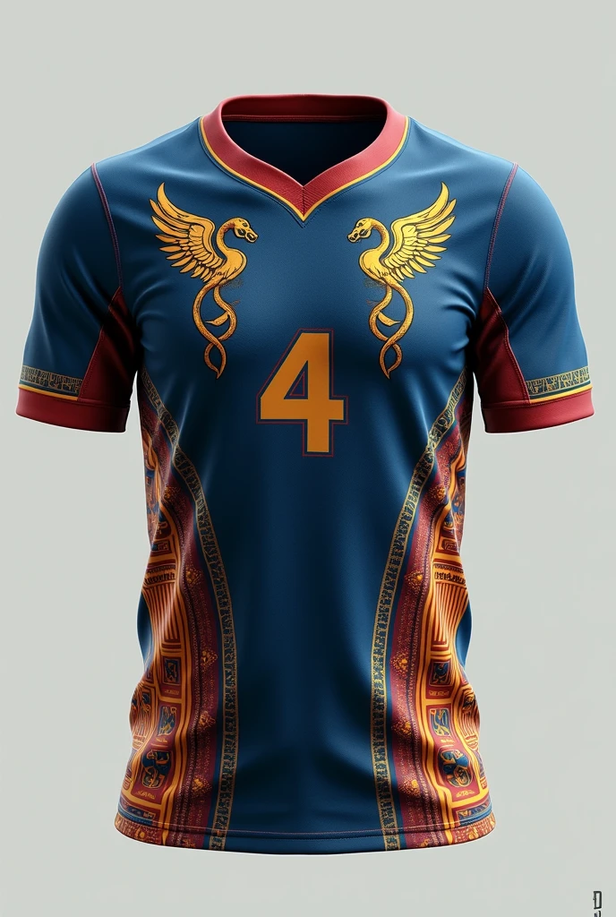 Create a game jersey with an Olympia theme in Greece, using the colors and design of the Greek god Hermes important with the number 4 on the left side