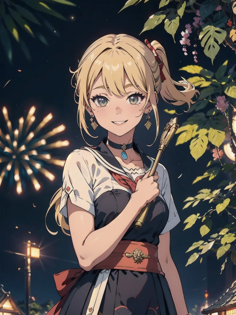 (masterpiece, Highest quality, High resolution, Very detailed, 8k, 4K), Art Book, Anime Coloring, CG, figure , Fantasy, MKSKS ,One person, alone, Earrings, choker, There is a large decorative circular pattern in the background, smile, Make your viewers happy, firework, performer, night, Outdoor, (Dutch Angle), close, Face Focus, Upper Body, Evening Shrine (Genshin Impact)