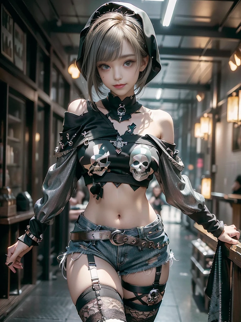 (Beautiful skin, lips and nose:1.5)、(Smiling with teeth showing:1.3),(Fashion Model:1.5)、(Gothic battle attire with delicate embellishments:1.5)、(Moss green off-shoulder hoodie:1.5)、(Black, silver and white shorts:1.4)、(denim garter belt:1.5)、(Black and camouflage knee socks:1.3)、(Skull Silver Accessories:1.5)、(Lace collar:1.3)、(Brown Skin Belt:1.4)、(Brown boots:1.2)、(Underwear has polka dots:1.4)、23 years old、((Highest quality、In 8K、masterpiece:1.3))、Sharp focus:1.2、(Layered Cut、Huge boobs:1.1),Beautiful woman with perfect figure:1.4、(Dancing vigorously:1.3)、Slender Abs:1.2、Highly detailed face and skin texture、Detailed eyes、double eyelid,(Bob Hair:1.3)、(Brown-golden hair:1.3)、Gravure idol、(The background is a gorgeous fashion show:1.3)、(Slim Body:1.2),(Make your legs thinner:1.4),(clavicle:1.1)