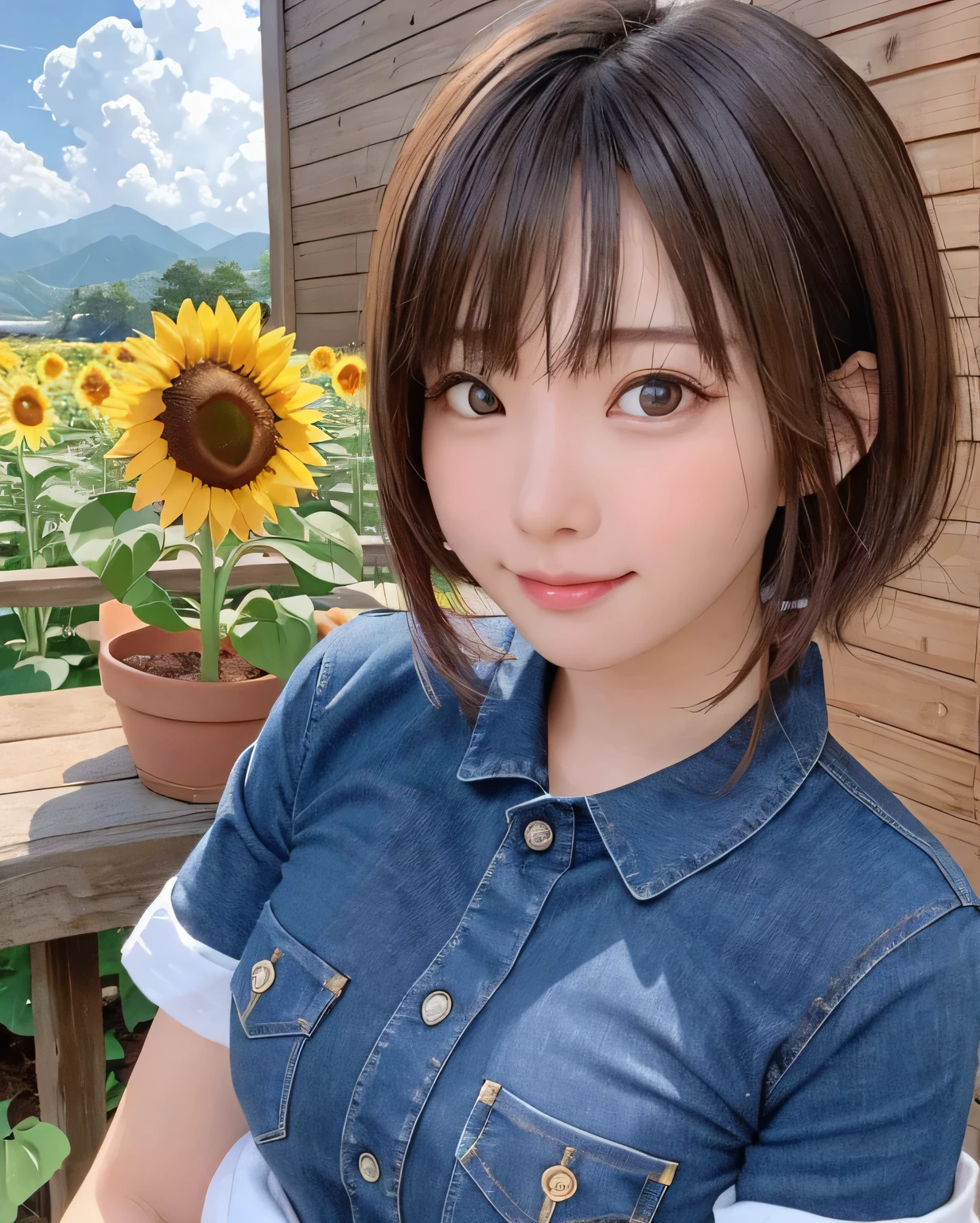 8k、masterpiece、Highest quality、High resolution、Super Resolution、Very detailed、 ((Upper shot close-up)) 、(1 female、、Baby Face、slim、thin、Flat Body)、(sunflower field background:1.3)、Straw hat、Smile、sunflower、sunlight、cloud、Mountain、windmill、short hair、Brown Hair、hair ornaments、shirt、jeans、
