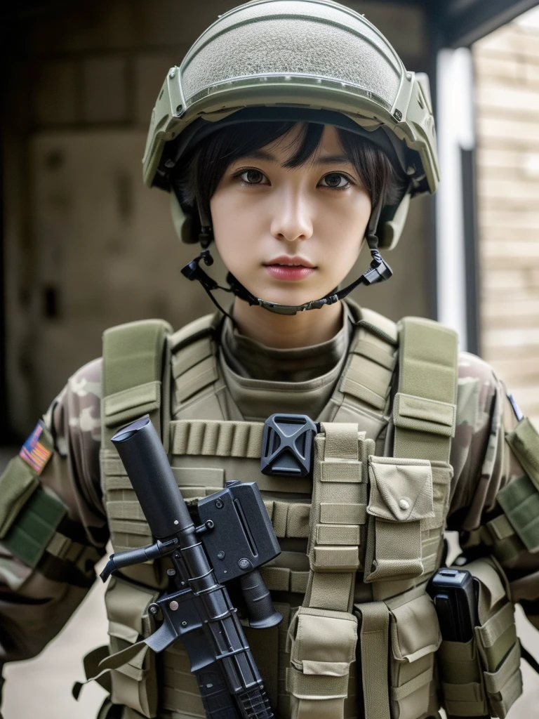 (masterpiece, ultra-detailed, ultra-realistic, best quality, clear focus, photorealistic), (ultra-high resolution, 8k:1.3), cinematic color-grading film, dramatic scenes, shadow, global-illumination, perfect anatomy, perfect face, (detailed face, detailed eye:1.3), (20 years old Japanese blonde girl:1.2), (experienced soldier:1.2), professional light, (beautiful with cute but boyish cool Japanese face:1.3), (Fully equipped for battle:1.3), (holding m4a1 large assault rifle:1.4), (long barrel rifle:1.3), (Strong willed expression:1.2), (afraid:1.3), (wearing a soldier's outfits with military helmet:1.2), slim waist, (at a battle field of Abandoned Building at night), flash light, (explosion:1.4), very large breasts, tactical vest, military harness, hip focus,