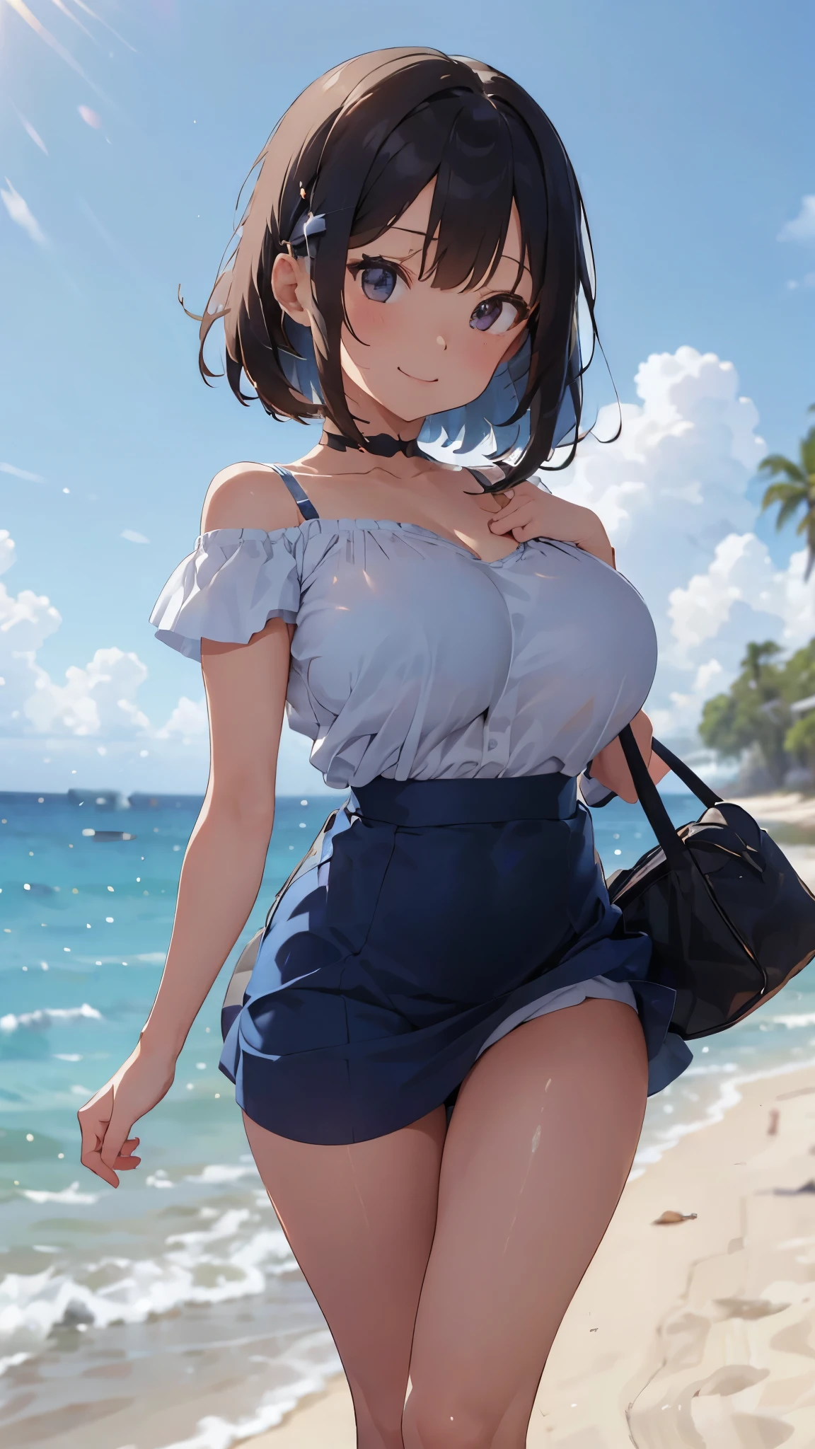 (Cute Smile、Black short bob、Cute orange hair clip)、((Clothed Big Tits、A white blouse clinging tightly to a sky-blue bra.))、((Light blue flared skirt、Pure white cute underwear))、barefoot、barefoot、((Sandy beach, sea and blue sky))、((The face is in focus and the background is blurred、Shallow depth of field))、Realistic、Standing posture、((Moderately large breasts、Closer valley、Pie Slash、She puts the bag on her shoulder.))