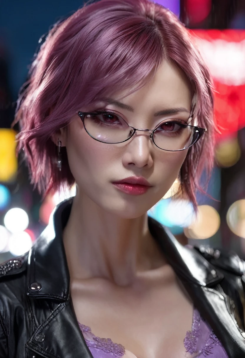 1 woman, she is japonese, inside a city at night, wearing a low-cut lilac dress and leather jacket over it, female red eyes, detailed fair skin, large breasts, ear studs, long red hair in a choppy style, shaved red gothic hair, dramatic lighting, cinematic composition, wearing glasses, dark palette, dark colors, atmospheric haze, thin chin, soft face, serious face, beautiful woman, adult woman, ultra realistic, adult woman (best quality, 4K, 8K, high resolution, art: 1.2), ultra detailed (realistic, photorealistic, photorealistic: 1.37)