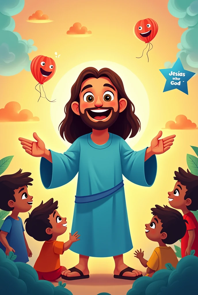 Animated Jesus image for children in a CARTOON style with a smile and bright eyes in BLUE COLOR with a simple tunic, SURROUNDED BY CHILDREN WITH ART ELEMENTS THAT HAVE THE PHRASE: REFLECTING THE GOD WHO CREATED ME IN SPANISH