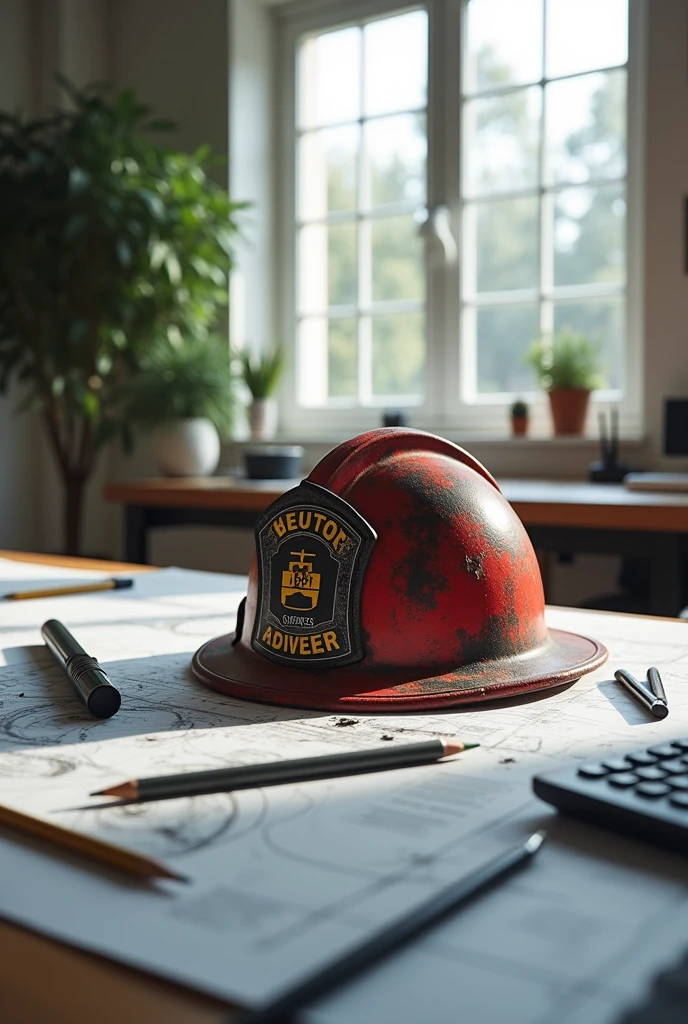 large office table, an open engineering project on the table, on the table you can see a pencil, a pen, a compass, a calculator, and a scalemeter, the background is an engineering office, clear clean and organized, light of the sun coming through the window. Prominent on the table is a fire department helmet with smoke and burn marks.