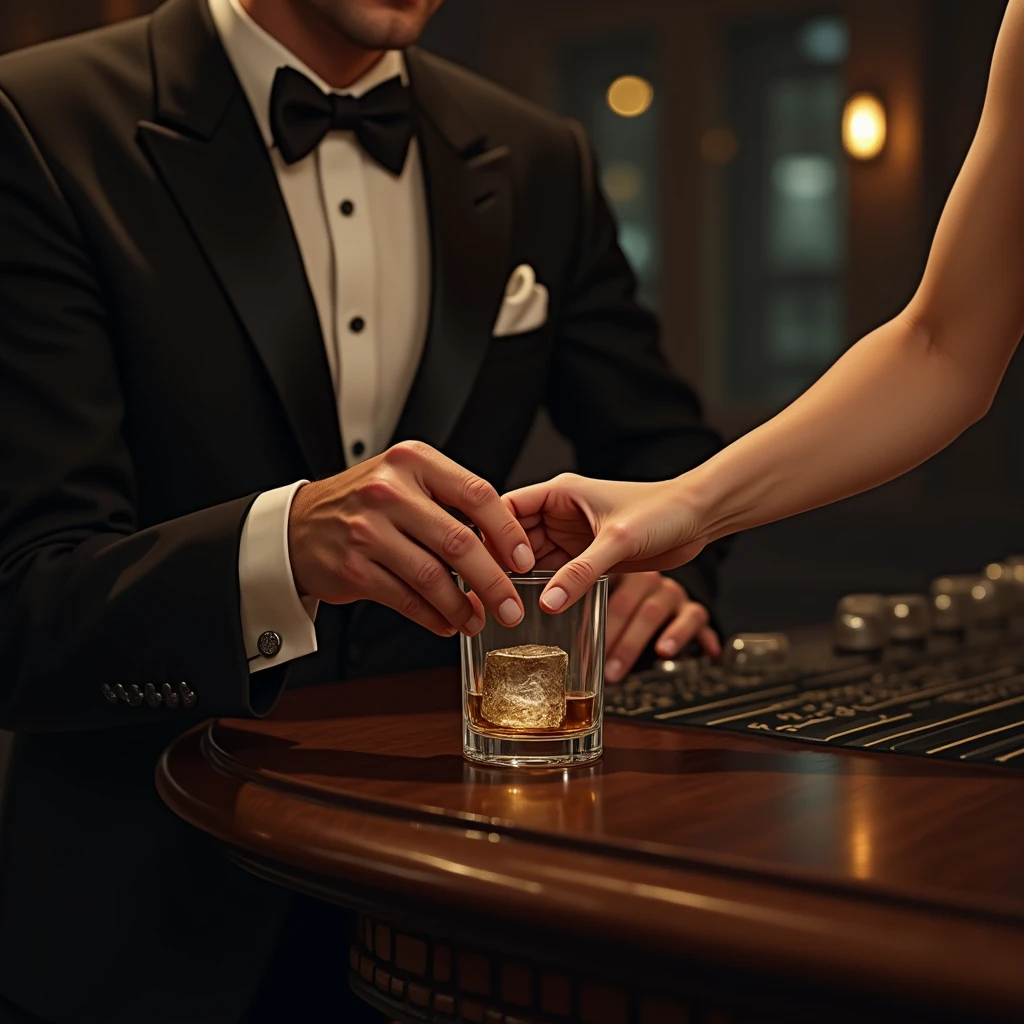 Bar counter, man's hand in a suit sitting, female bartender's hand handing over a rock glass, female bartender's bare arm