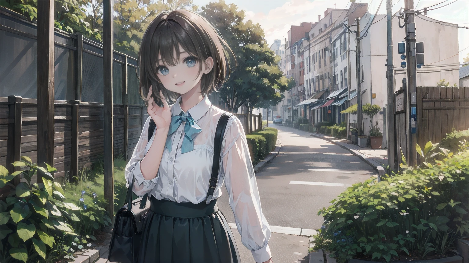 (8k, Highest quality, masterpiece: 1.2), Super detailed, Highest quality, Ultra-high resolution, Professional Lighting, Photon Mapping, Radio City, Physically Based Rendering, Cinema Lighting, Depth of written boundary, focus on, Light of the sun, Good composition, (Bokeh: 1.2), 1 person, (whole body), smile, Beautiful Eyes, Pause, narrow, Brown Hair, short hair, Prairie Blouse Light Blue, skirt,garden,hand {refer tos} cute {refer to} hand,