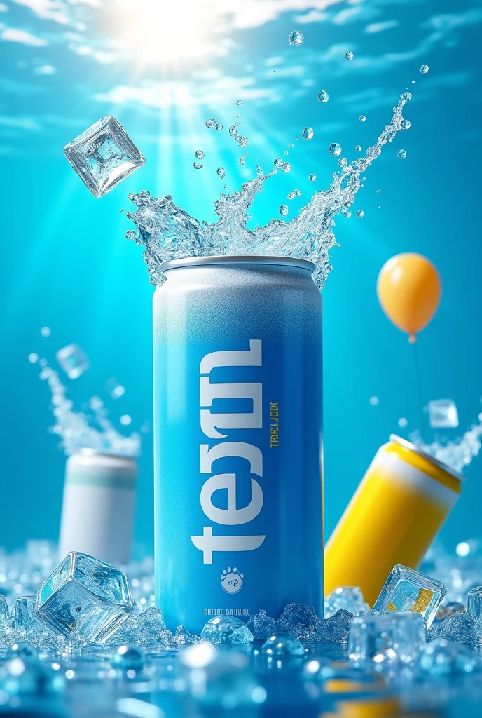 Drink can design can colour blue and white and can name teem and can colour in under tha water can background water and balloon and ice cubes and 2 can number 2 can colour white and yellow can