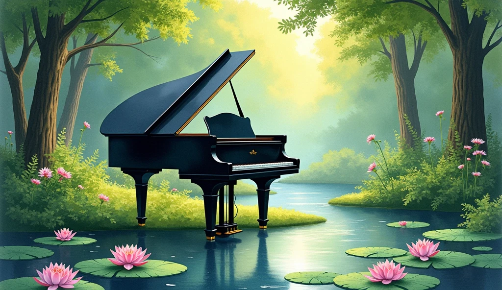 Black grand piano、The statue is placed in front of a pond with blooming water lilies.。Drawn in a realistic watercolor style throughout、There is a quiet atmosphere。The piano is surrounded by lush trees and bushes.、It depicts a corner of a beautiful garden with sunlight streaming in.。