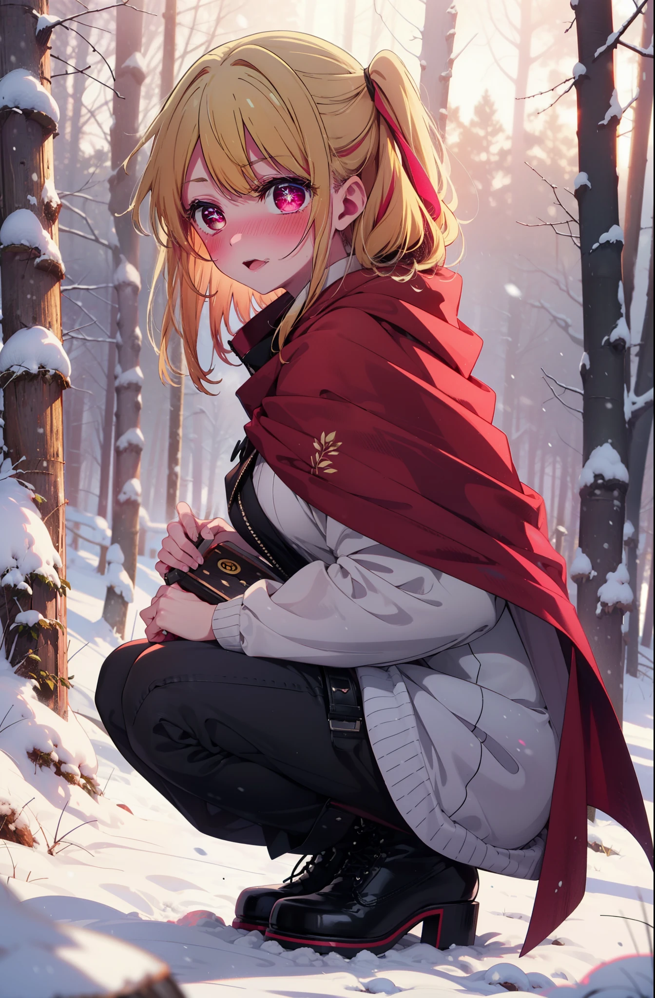 rubyhoshino, Hoshino Ruby, Long Hair, bangs, Blonde, (Pink Eyes:1.3), (Symbol-shaped pupil:1.5), Multicolored Hair, Two-tone hair, smile,blush,white breath,
Open your mouth,snow,Ground bonfire, Outdoor, boots, snowing, From the side, wood, suitcase, Cape, Blurred, , forest, White handbag, nature,  Squat, Mouth closed, Cape, winter, Written boundary depth, Black shoes, red Cape break looking at viewer, Upper Body, whole body, break Outdoor, forest, nature, break (masterpiece:1.2), Highest quality, High resolution, unity 8k wallpaper, (shape:0.8), (Beautiful and beautiful eyes:1.6), Highly detailed face, Perfect lighting, Highly detailed CG, (Perfect hands, Perfect Anatomy),