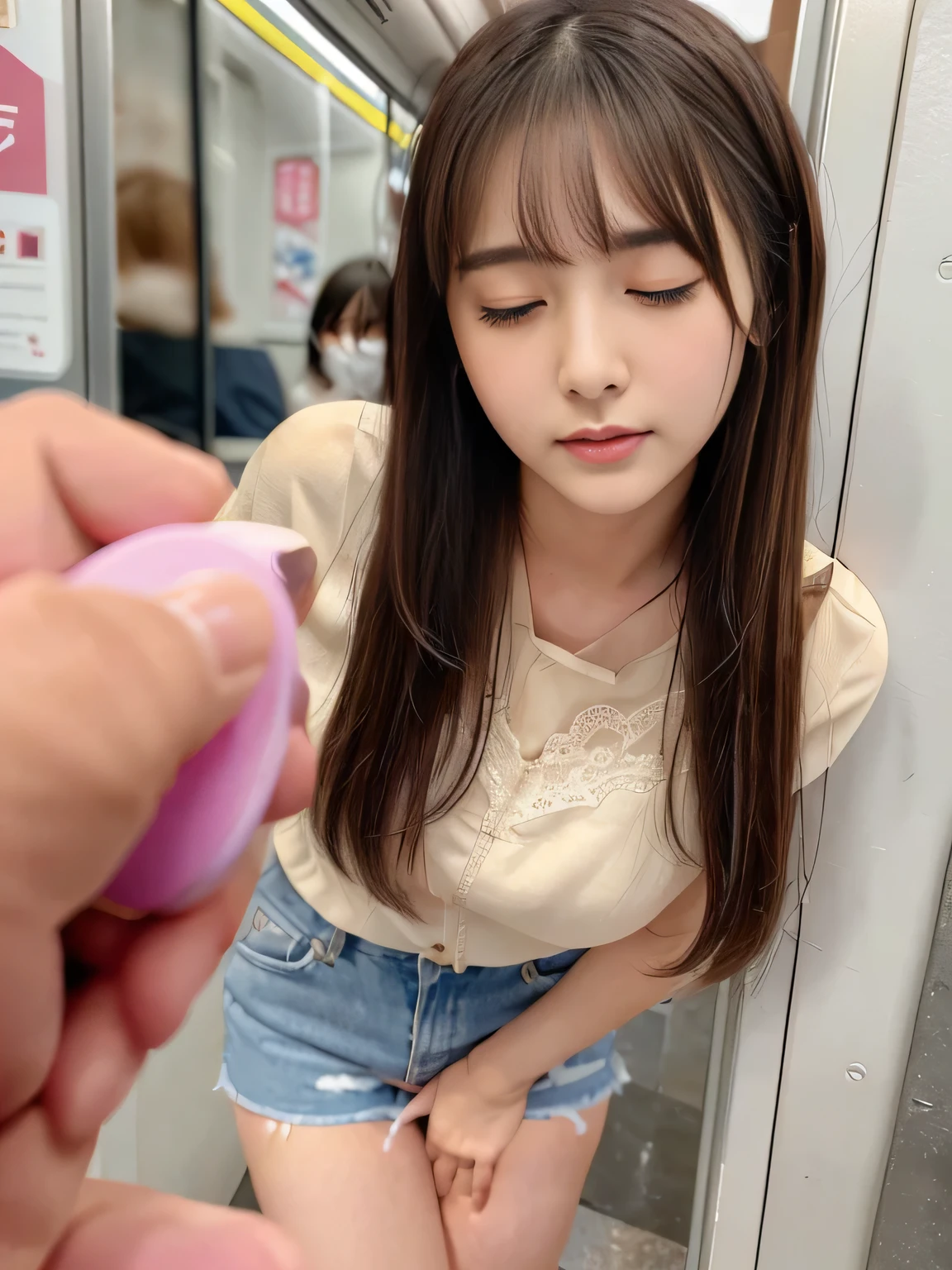 Vibrator prank on the train、Woman on the train,She leaned forward.,(She closes her eyes),she yawns, A lot of people around、Hand holding a pink remote control outside the frame,She wants me to stop using the vibrator,Look here and plead、Embarrassed face、She puts her hand on her crotch,She is wearing fashionable clothes、White blouse、on the train、Fluffy medium hair、Pure erotic face、(Masseter muscle area:1.3)、(8k、Photorealistic、RAW Photos、Highest quality: 1.4)、(One Girl)、Very beautiful face、Very beautiful face、Very beautiful face、(Very realistic face)、(Brown hair、Fluffy medium hair:1.3)、Very beautiful hairstyles、Very realistic eyes、Very beautiful details、(Extremely realistic skin)、Very beautiful skin、absurdes、Very attractive、Ultra-high resolution、surreal、High definition、Golden Ratio、Golden Ratio、Golden Ratio、beauty、beauty、beauty。