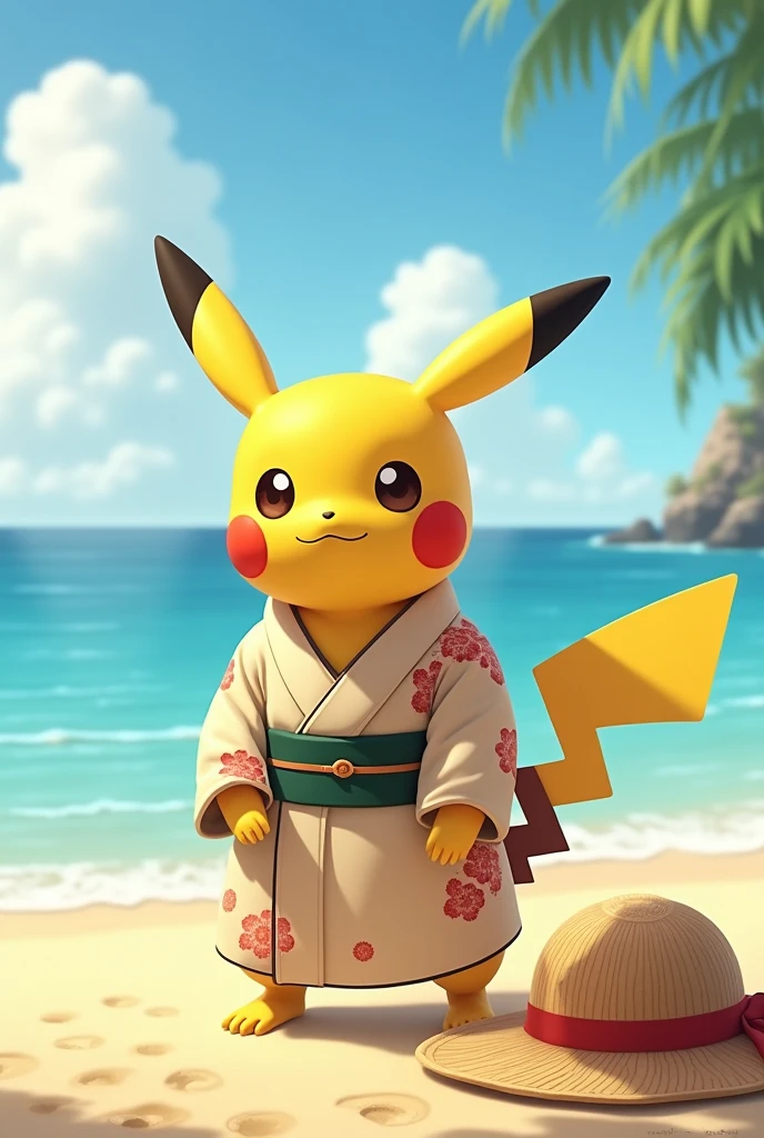 Wearing a straw hat、Pikachu standing on the beach wearing a haori.