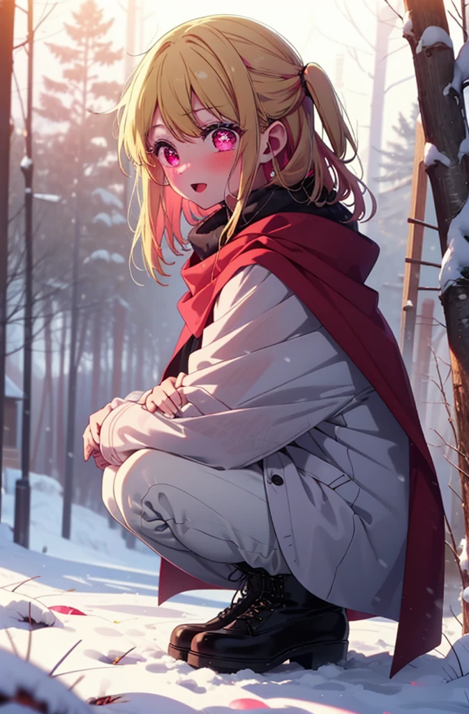 rubyhoshino, Hoshino Ruby, Long Hair, bangs, Blonde, (Pink Eyes:1.3), (Symbol-shaped pupil:1.5), Multicolored Hair, Two-tone hair, smile,blush,white breath,
Open your mouth,snow,Ground bonfire, Outdoor, boots, snowing, From the side, wood, suitcase, Cape, Blurred, , forest, White handbag, nature,  Squat, Mouth closed, Cape, winter, Written boundary depth, Black shoes, red Cape break looking at viewer, Upper Body, whole body, break Outdoor, forest, nature, break (masterpiece:1.2), Highest quality, High resolution, unity 8k wallpaper, (shape:0.8), (Beautiful and beautiful eyes:1.6), Highly detailed face, Perfect lighting, Highly detailed CG, (Perfect hands, Perfect Anatomy),