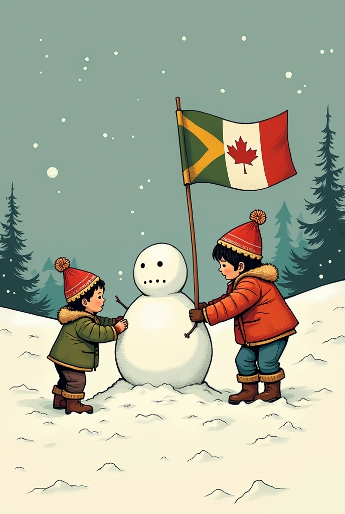 An image made in the woodcut style, style that is usually found illustrating cordel stories.
The image should have 2 children, um de 1 ano, small and a 6 year old, medium height.
They wear clothes from the northeastern cangaceiro, inclusive chapéu de cangaceiro.
and they are playing making a snowman.
In the background of the image there is a flag stuck in the ground that is half Brazil, half canada.