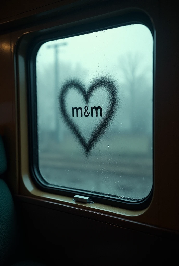 Heart drawn with the steam from the train containing inside "m & m" in a car window raining 