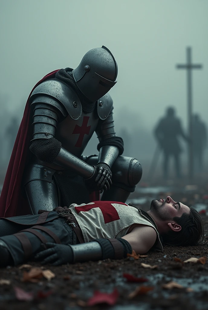 A highly realistic, high-contrast, 8K HD, detailed, hyper-detailed scene where the knight from the provided image, wearing steel armor with a red cross on his tunic, is kneeling beside a fallen comrade on the battlefield. The atmosphere is somber and filled with the weight of loss, as the knight shows respect and sorrow for his fallen companion. The battlefield around them is chaotic, with the aftermath of battle visible in the background. The dramatic lighting highlights the detailed armor and the raw emotion of the moment. The image is of the highest quality, with ultra-high resolution, RAW photo quality, and Unreal Engine rendering, capturing the deep bond and sacrifice of these warriors.
