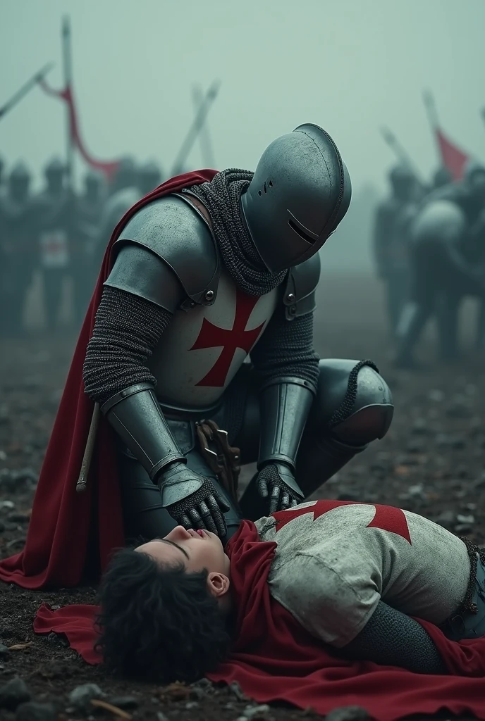A highly realistic, high-contrast, 8K HD, detailed, hyper-detailed scene where the knight from the provided image, wearing steel armor with a red cross on his tunic, is kneeling beside a fallen comrade on the battlefield. The atmosphere is somber and filled with the weight of loss, as the knight shows respect and sorrow for his fallen companion. The battlefield around them is chaotic, with the aftermath of battle visible in the background. The dramatic lighting highlights the detailed armor and the raw emotion of the moment. The image is of the highest quality, with ultra-high resolution, RAW photo quality, and Unreal Engine rendering, capturing the deep bond and sacrifice of these warriors.
