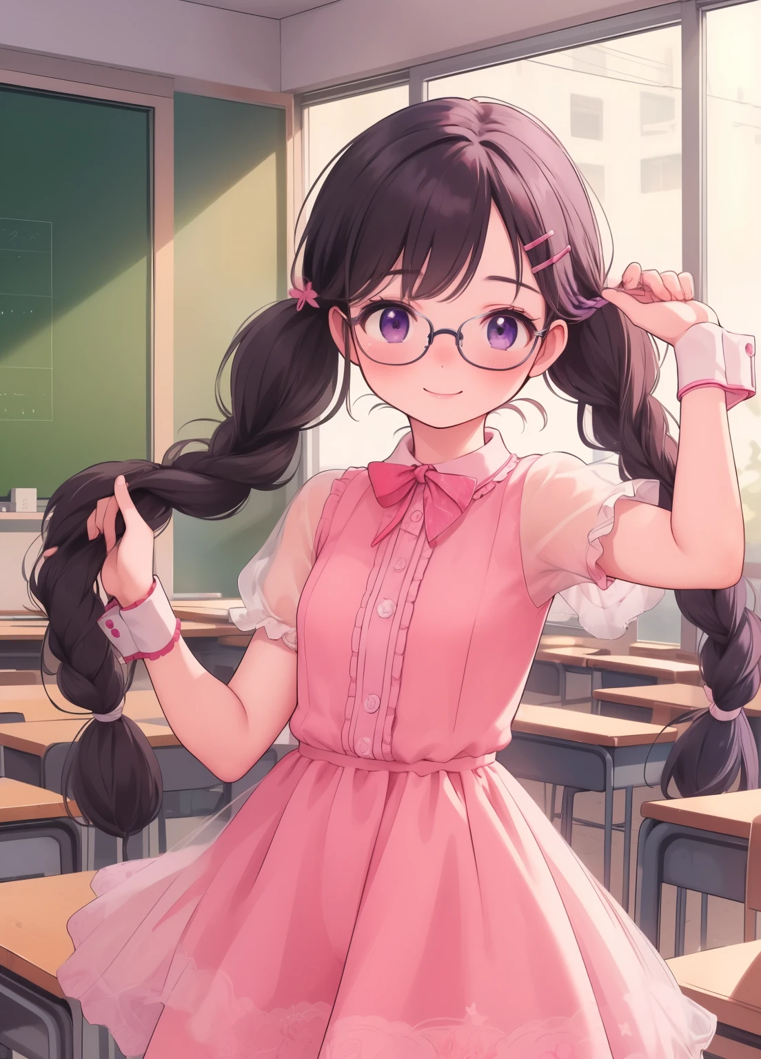 (masterpiece、Highest quality、Highest quality、Official Art、Beautiful and beautiful:1.2)、(One person:1.3)Hatsune Miku、Twin tails,Beautiful breasts, Katsushika Hokusai,Hanekawa Tsubasa, hanekawa tsubasa, Long Hair, Black Hair, hair ornaments, (Purple eyes:1.1), Braiding, Hair Clip, twin Braidings, Naoetsu High School uniform, Glasses, break cyb dress, Pink Dress, Frills, See-through short sleeves, wrist cuffs break indoors, classroom, break looking at viewer, break (masterpiece:1.2), Highest quality, High resolution, unity 8k wallpaper, (figure:0.8), (Beautiful attention to detail:1.6), Highly detailed face, Perfect lighting, Highly detailed CG, (Perfect hands, Perfect Anatomy), smile, Dynamic pose, Cowboy Shot