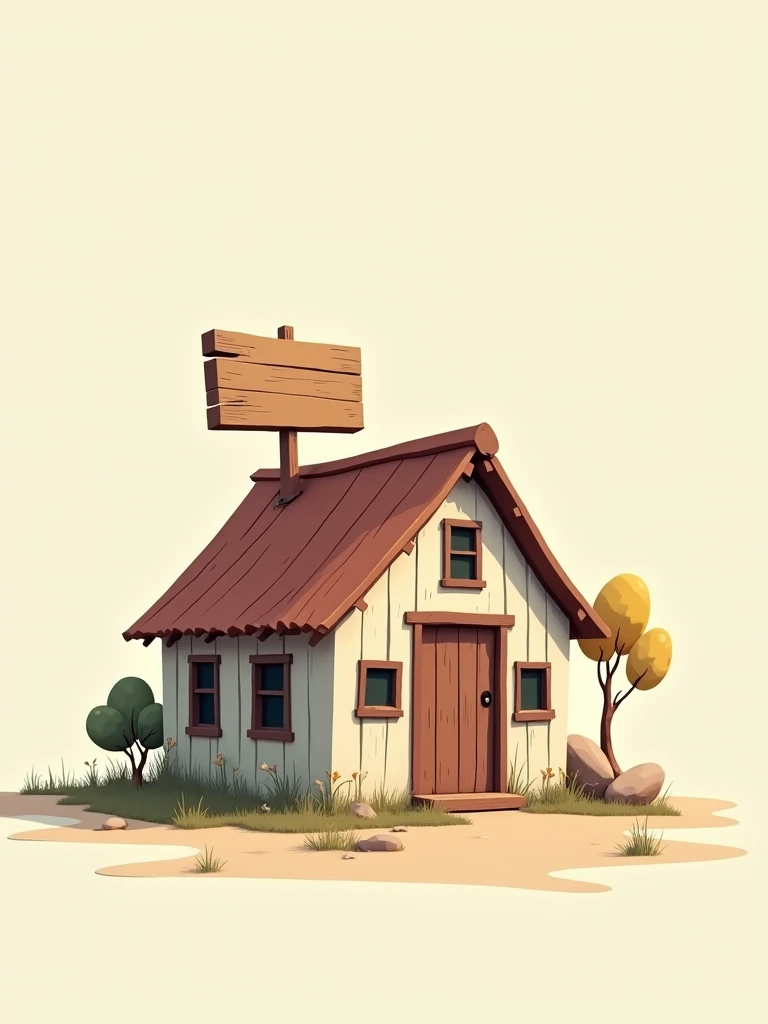 At the center of the image, there is a rustic 2D house with a sign on top of the roof. 2D image.