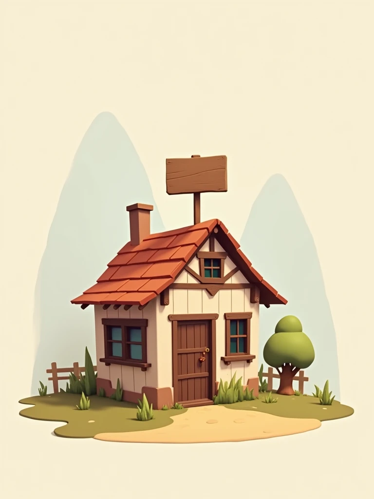 At the center of the image, there is a rustic 2D house with a sign on top of the roof. 2D image.