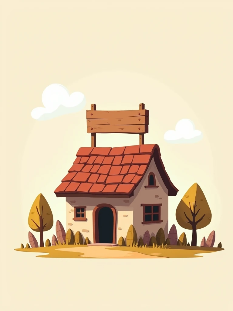 At the center of the image, there is a rustic 2D house with a sign on top of the roof. 2D image.