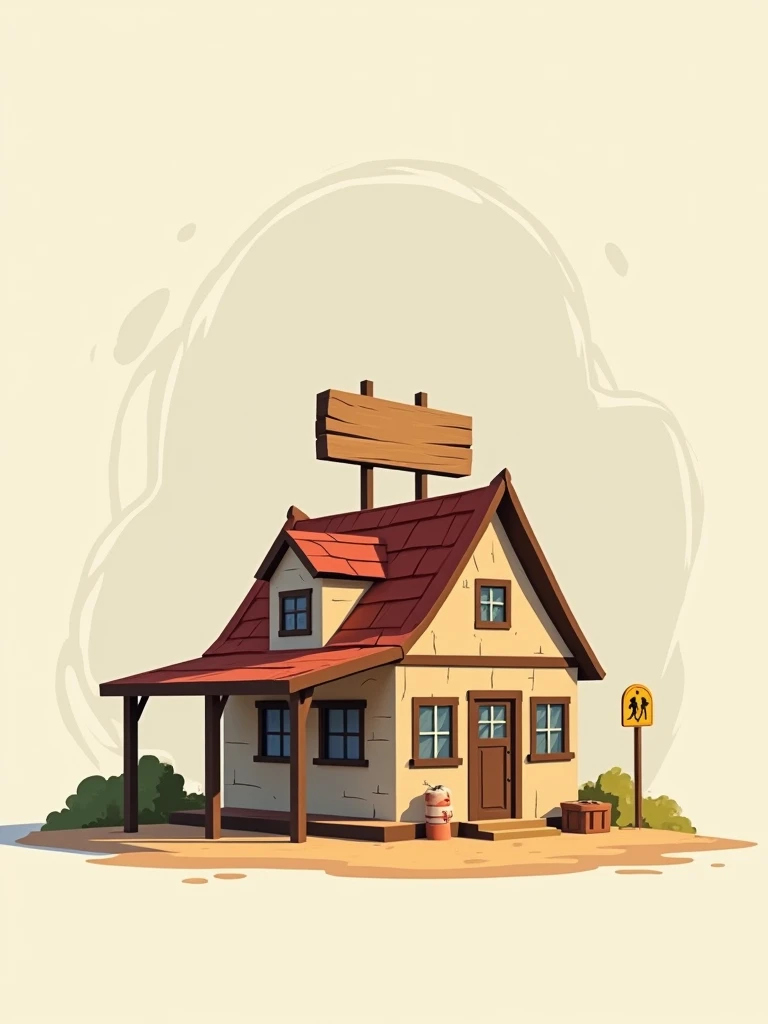 At the center of the image, there is a rustic 2D house with a sign on top of the roof. 2D image.