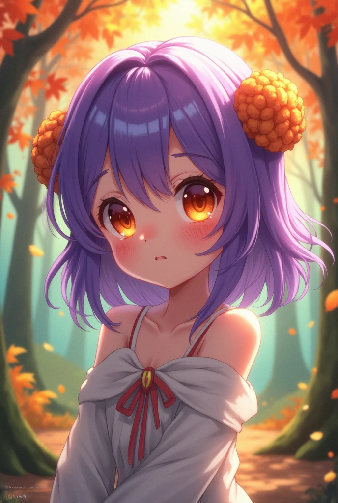 anime,small stature, , by the wide, purple hair, orange eyes, autumn forest background