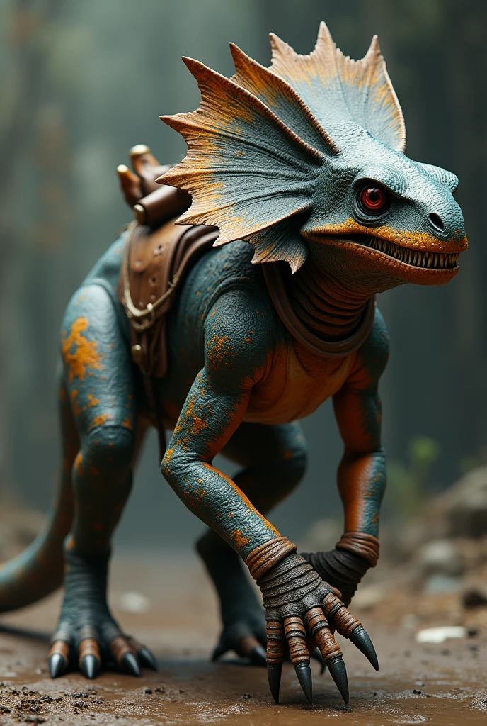 En photo réalisme. in profile. Dans l'univers du jeu vidéo Fallout 3. A hybrid between a chameleon and a flayer. It's a mount. Il marche à quattre pattes et a une belle selle sur le dos mais pas de cavalier. he is two meters tall. He has long claws. Il est rapide et agille mais a de large épaules et des bras musclés.
Il a des yeux globuleux, des dents pointues mais reste très mignon.
Its scaly skin is dotted with colored spots but its predominant colors are dark blue and orange with around the eyes with some touches of gold.. It is very beautiful.
Maintenant je veux la version adulte. with a big collar like a Triceratops and cuter