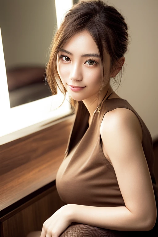 1 beautiful young japanese woman, sleeveless dress, slender sexy body, medium length light brown hair, seductive smile, sitting close, large bedroom, night view, mirror, whiskey, detailed eyes, detailed lips, extremely detailed face, long eyelashes, portrait, chiaroscuro lighting, warm color palette, cinematic composition