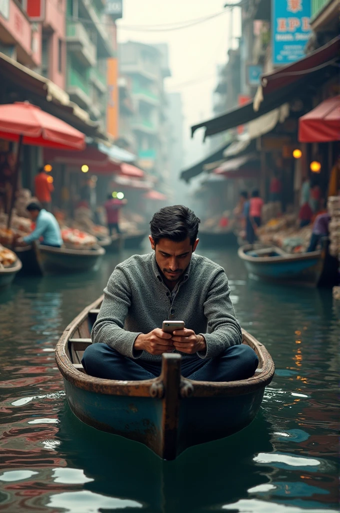 A man is sitting in a boat wearing a gray sweater holding a phone. 
Boat market background.